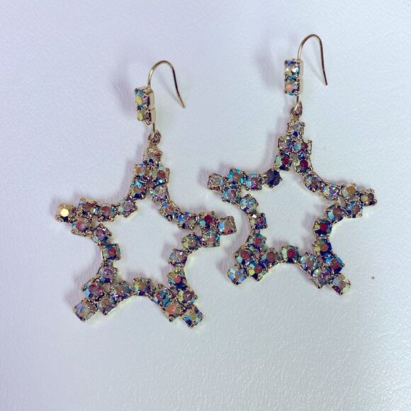 Gold Aurora Borealis Rhinestone Large Star Dangle Earring - Picture 6 of 7